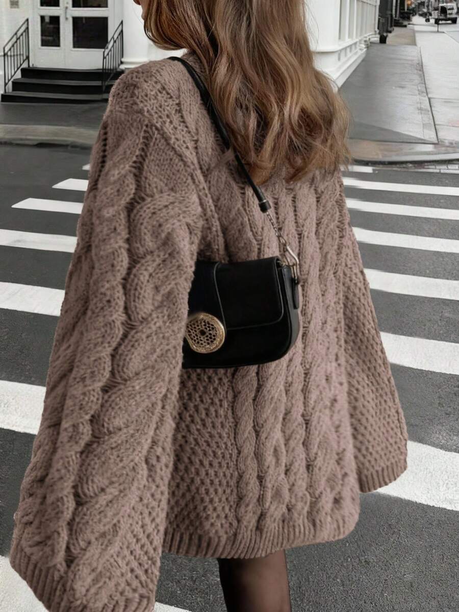 Ondine Oversized Cable Knit Sweater with Wide Bell Sleeves - Taupe