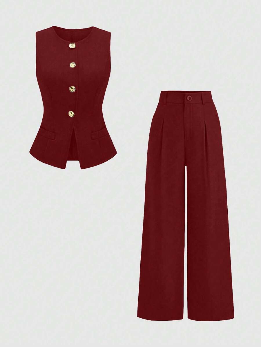 Rhea Two Piece Set Button Vest and Pleated Wide Leg Pants - Wine Red