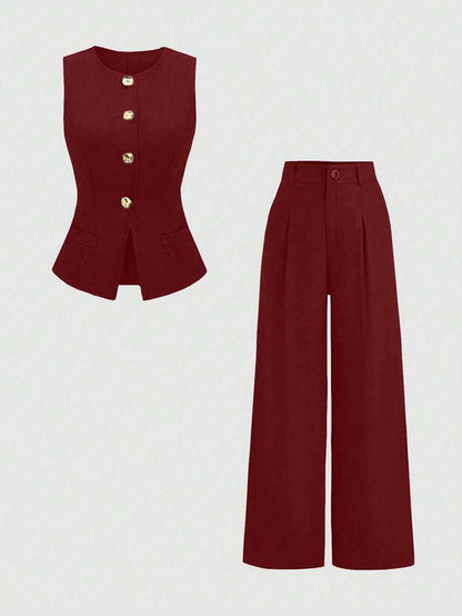 Rhea Two Piece Set Button Vest and Pleated Wide Leg Pants - Wine Red