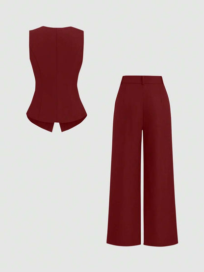 Rhea Two Piece Set Button Vest and Pleated Wide Leg Pants - Wine Red