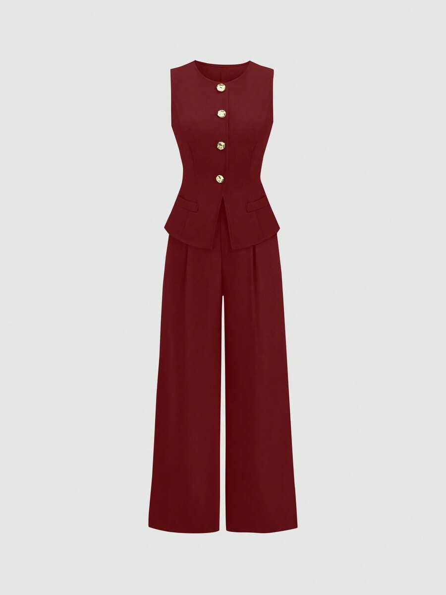 Rhea Two Piece Set Button Vest and Pleated Wide Leg Pants - Wine Red