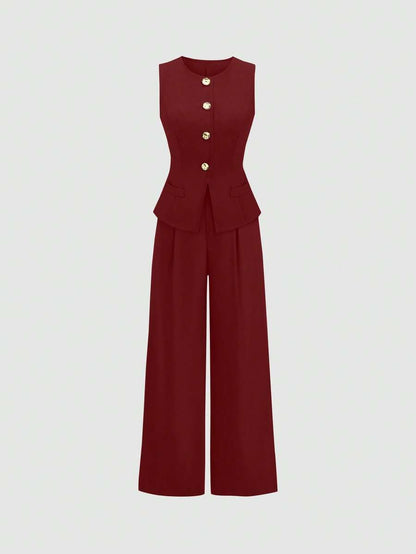 Rhea Two Piece Set Button Vest and Pleated Wide Leg Pants - Wine Red