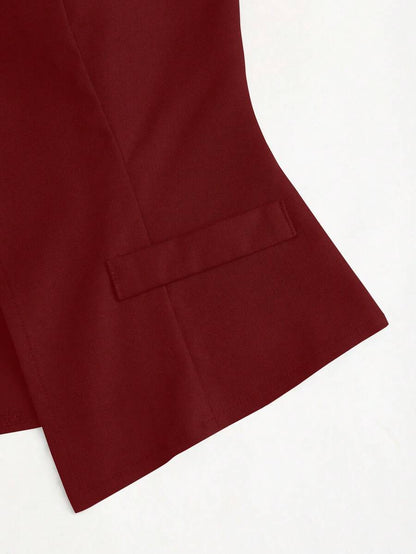 Rhea Two Piece Set Button Vest and Pleated Wide Leg Pants - Wine Red