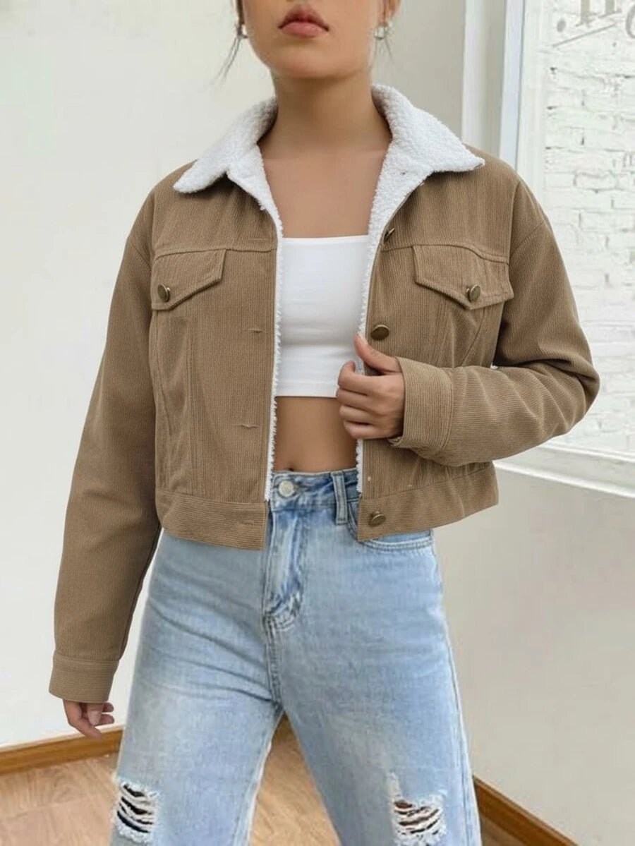 Marisol Fleece Lined Corduroy Jacket with Button Front - Khaki
