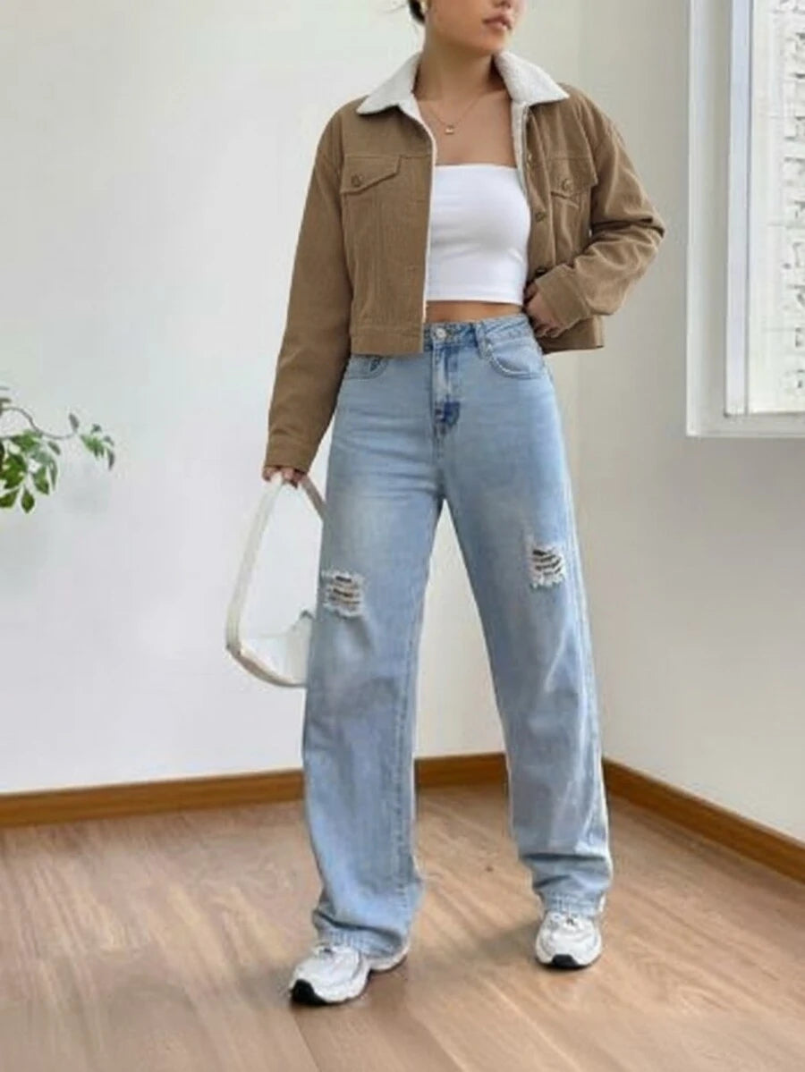 Marisol Fleece Lined Corduroy Jacket with Button Front - Khaki