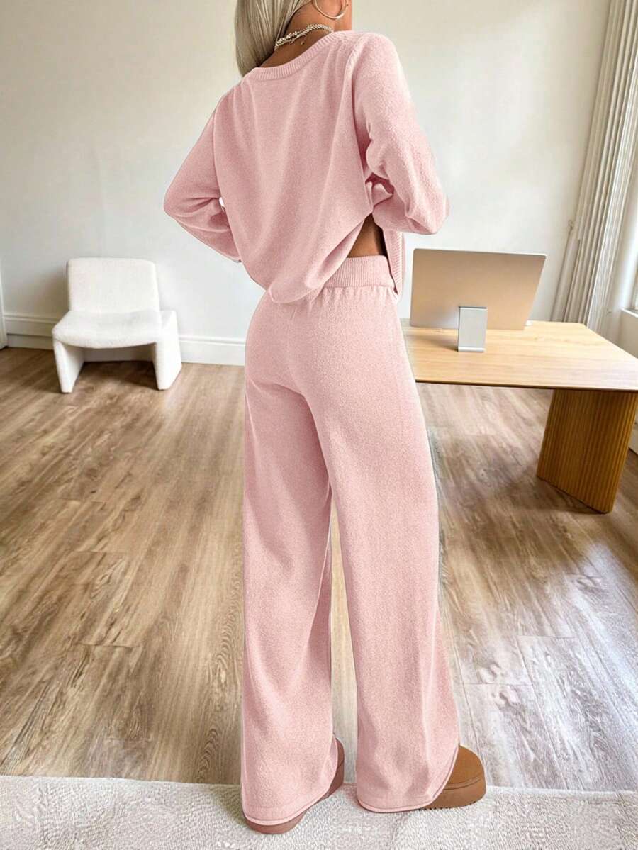 Valentina Off-Shoulder Knit Sweater and Wide Leg Pants Set - Pink