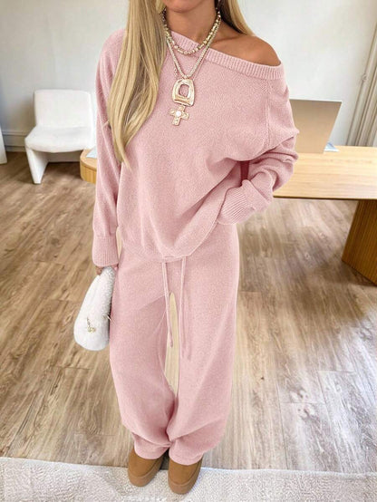 Valentina Off-Shoulder Knit Sweater and Wide Leg Pants Set - Pink