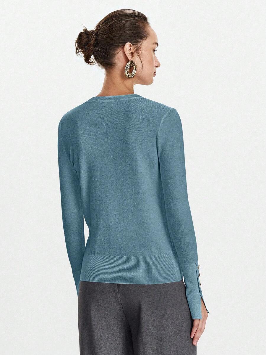 Women's Fine Knit Sweater with Button Cuffs, Lightweight Pullover for Fall Work Casual - Beige