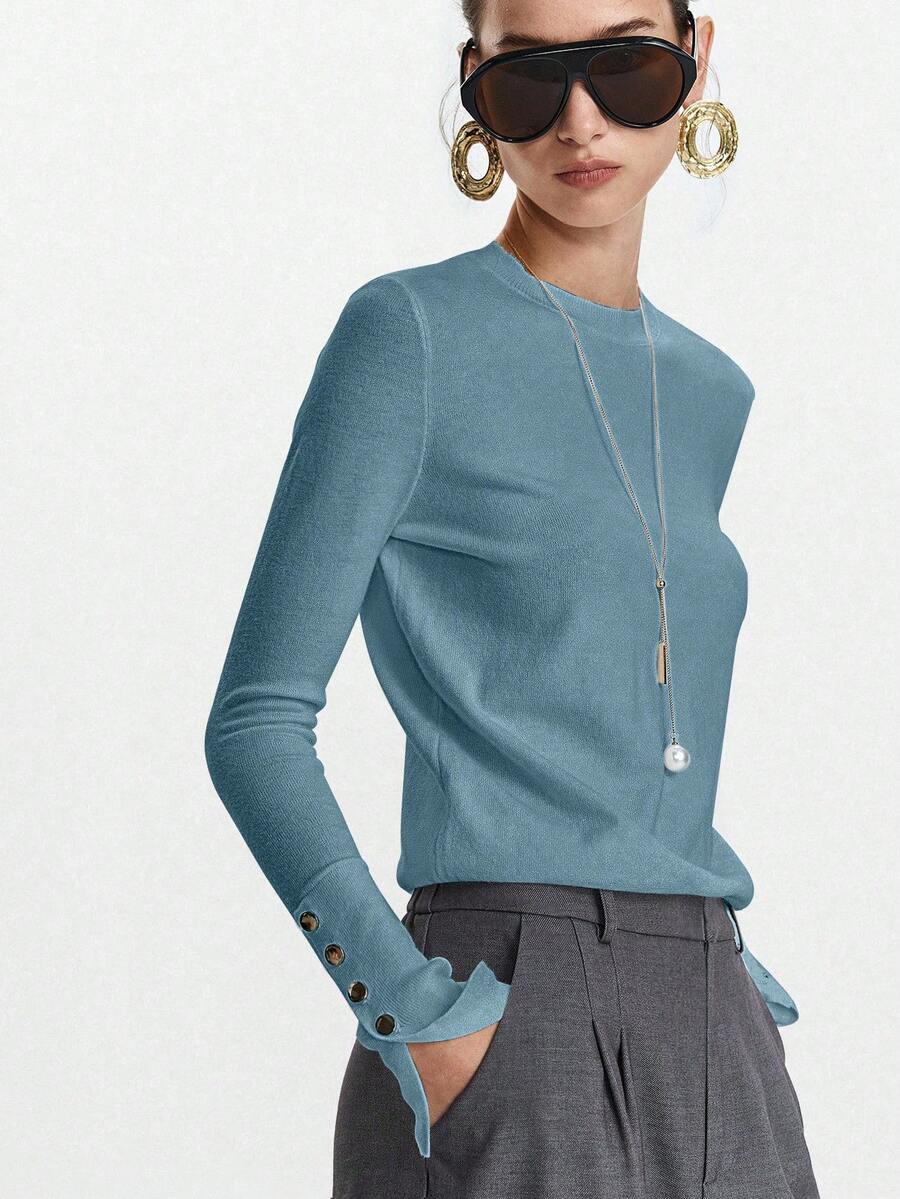 Women's Fine Knit Sweater with Button Cuffs, Lightweight Pullover for Fall Work Casual - Beige