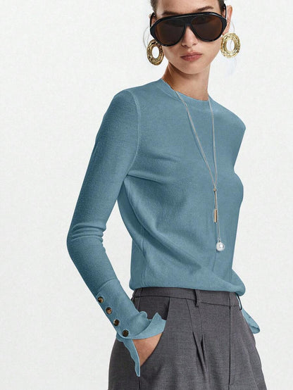 Women's Fine Knit Sweater with Button Cuffs, Lightweight Pullover for Fall Work Casual - Beige