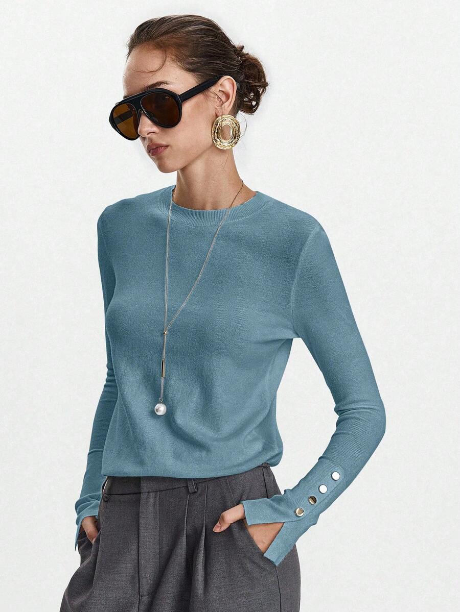 Women's Fine Knit Sweater with Button Cuffs, Lightweight Pullover for Fall Work Casual - Blue