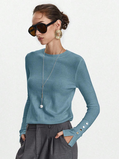 Women's Fine Knit Sweater with Button Cuffs, Lightweight Pullover for Fall Work Casual - Blue