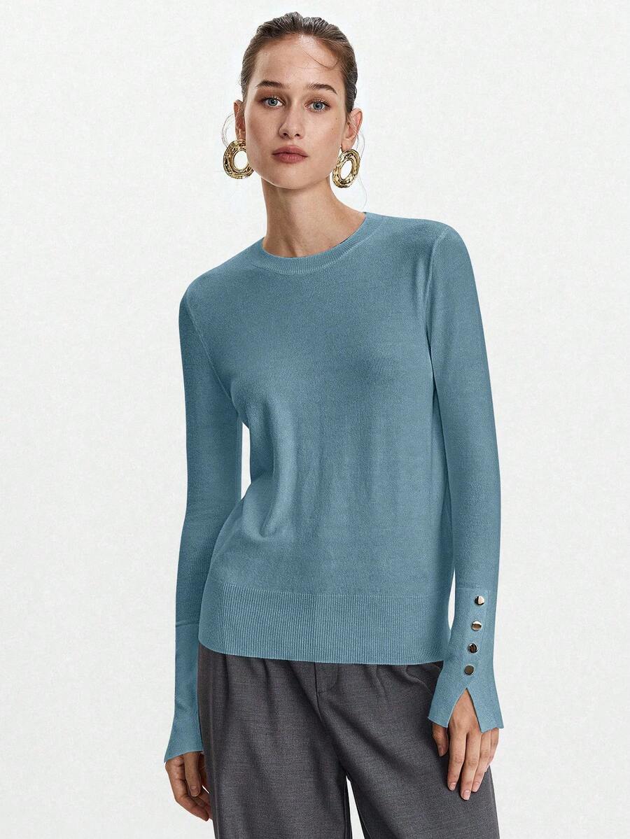 Women's Fine Knit Sweater with Button Cuffs, Lightweight Pullover for Fall Work Casual - Beige
