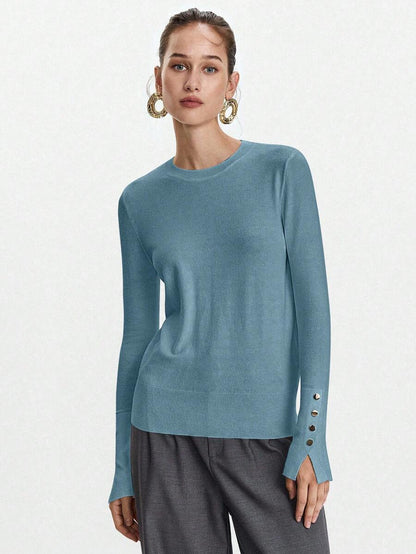 Women's Fine Knit Sweater with Button Cuffs, Lightweight Pullover for Fall Work Casual - Beige