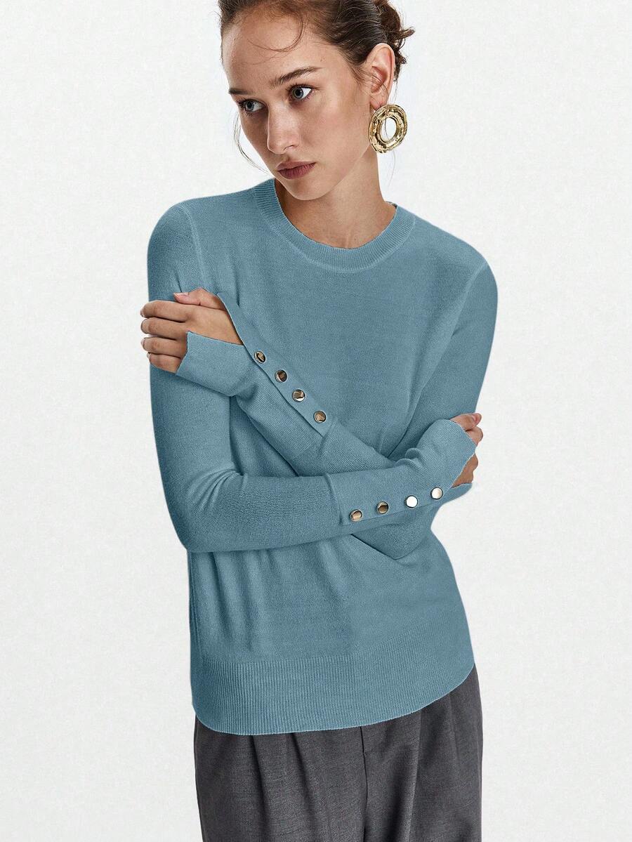 Women's Fine Knit Sweater with Button Cuffs, Lightweight Pullover for Fall Work Casual - Beige