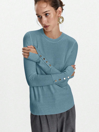 Women's Fine Knit Sweater with Button Cuffs, Lightweight Pullover for Fall Work Casual - Beige