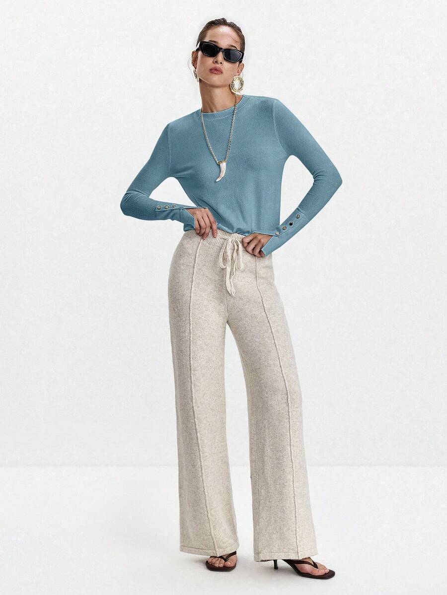 Women's Fine Knit Sweater with Button Cuffs, Lightweight Pullover for Fall Work Casual - Beige