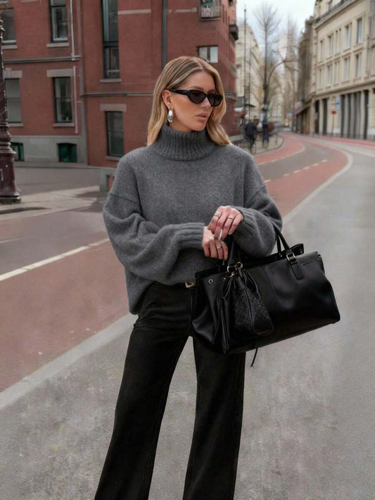 Uppsala Turtleneck Relaxed Knit Sweater Long Sleeve Top - Dark Grey