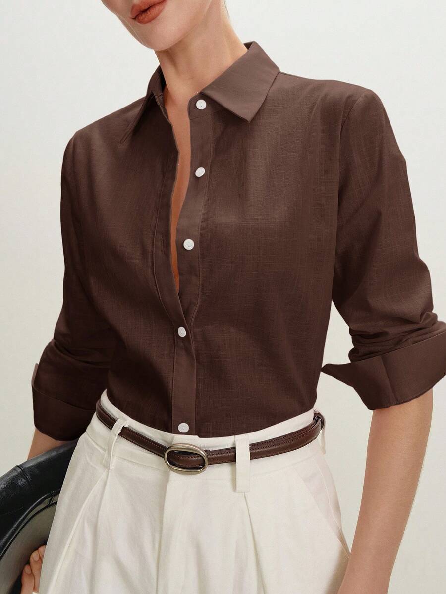 Arabella Classic Collared Button Down Long Sleeve Cotton Shirt - Chocolate Brown