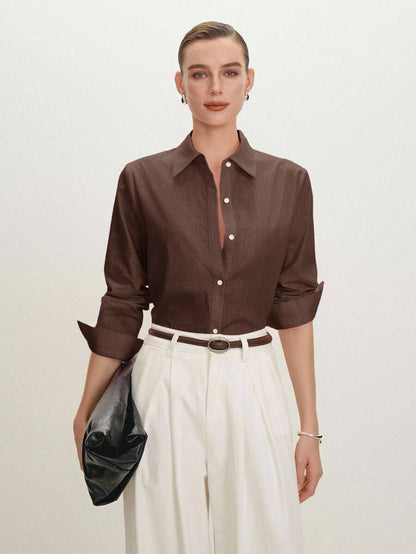 Arabella Classic Collared Button Down Long Sleeve Cotton Shirt - Chocolate Brown