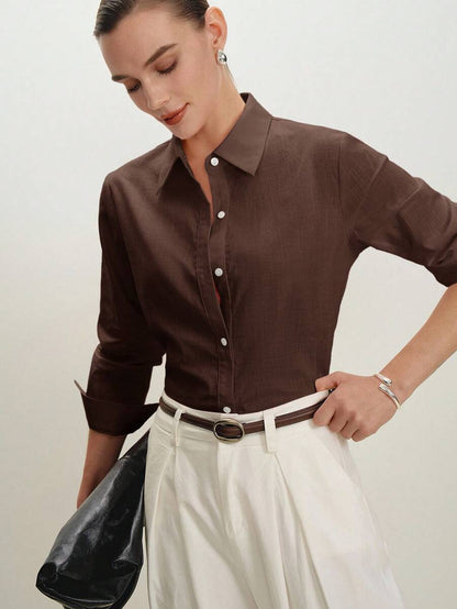Arabella Classic Collared Button Down Long Sleeve Cotton Shirt - Chocolate Brown