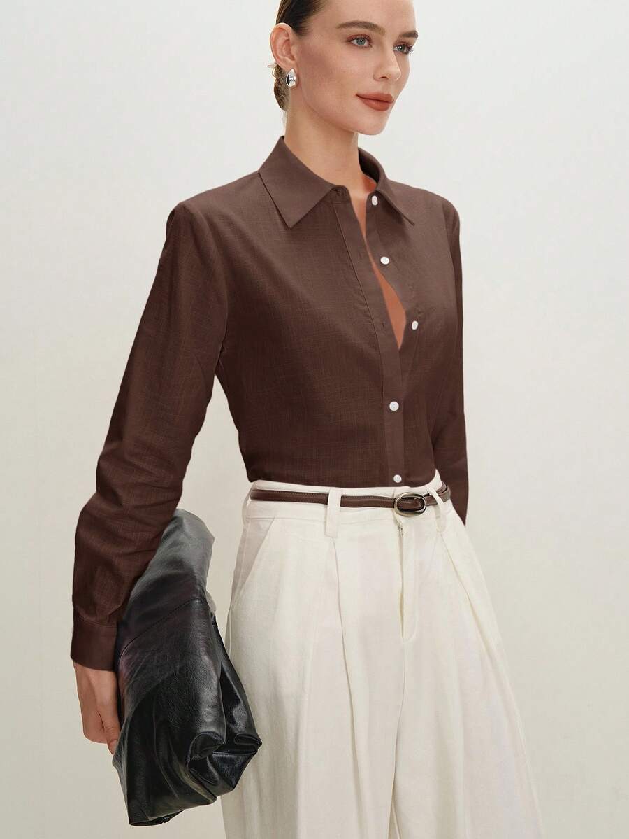 Arabella Classic Collared Button Down Long Sleeve Cotton Shirt - Chocolate Brown