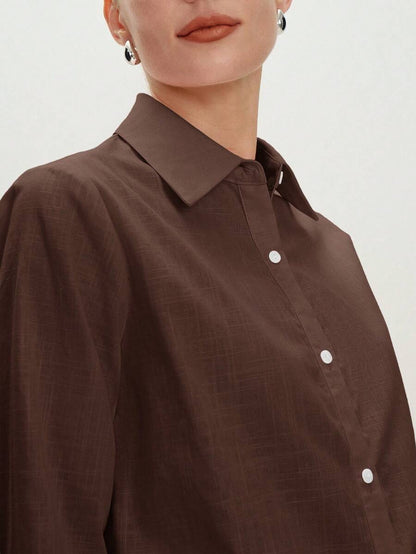Arabella Classic Collared Button Down Long Sleeve Cotton Shirt - Chocolate Brown