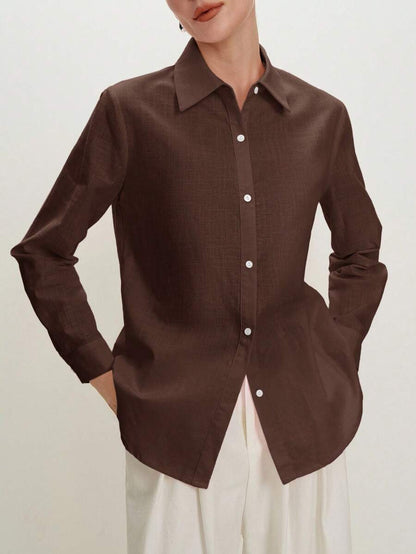 Arabella Classic Collared Button Down Long Sleeve Cotton Shirt - Chocolate Brown