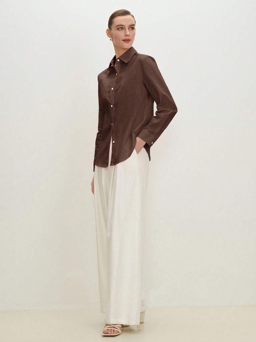 Arabella Classic Collared Button Down Long Sleeve Cotton Shirt - Chocolate Brown