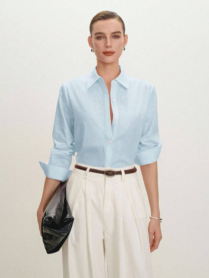 Arabella Classic Collared Button Down Long Sleeve Cotton Shirt - Baby Blue
