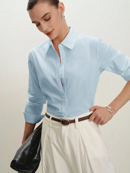 Arabella Classic Collared Button Down Long Sleeve Cotton Shirt - Baby Blue
