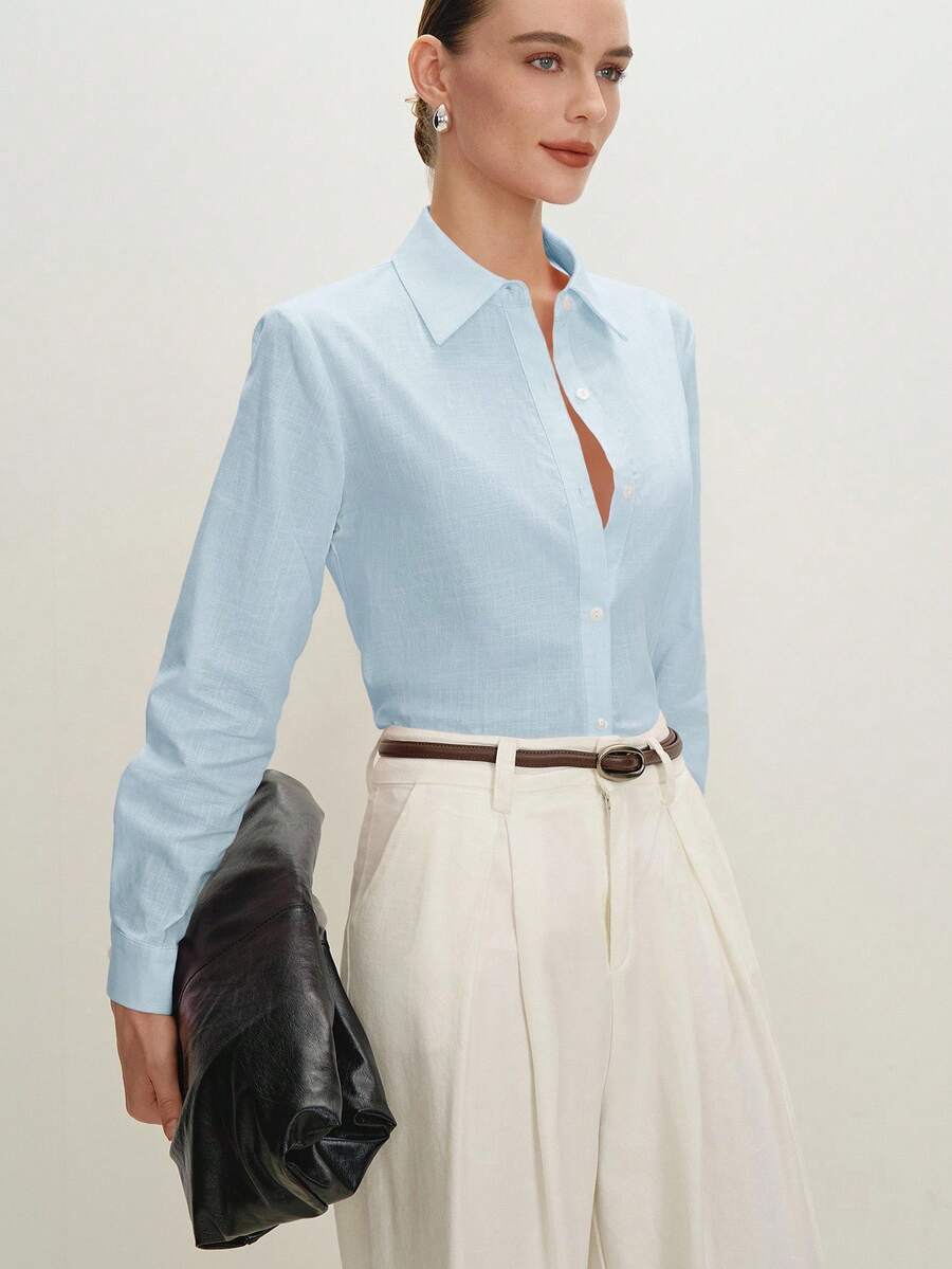 Arabella Classic Collared Button Down Long Sleeve Cotton Shirt - Baby Blue