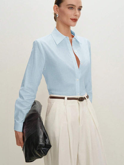 Arabella Classic Collared Button Down Long Sleeve Cotton Shirt - Baby Blue