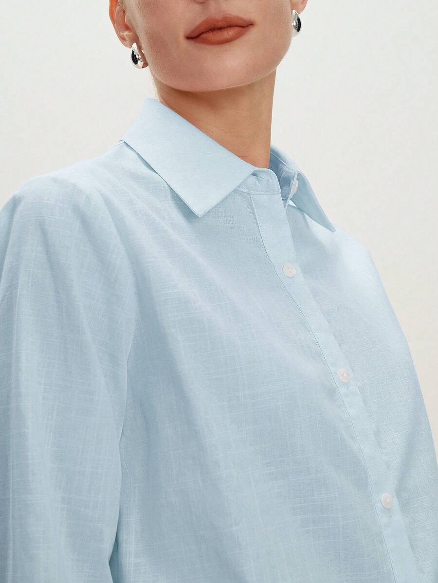Arabella Classic Collared Button Down Long Sleeve Cotton Shirt - Baby Blue
