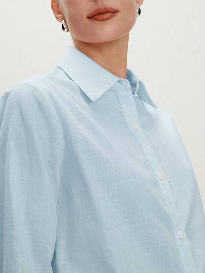 Arabella Classic Collared Button Down Long Sleeve Cotton Shirt - Baby Blue