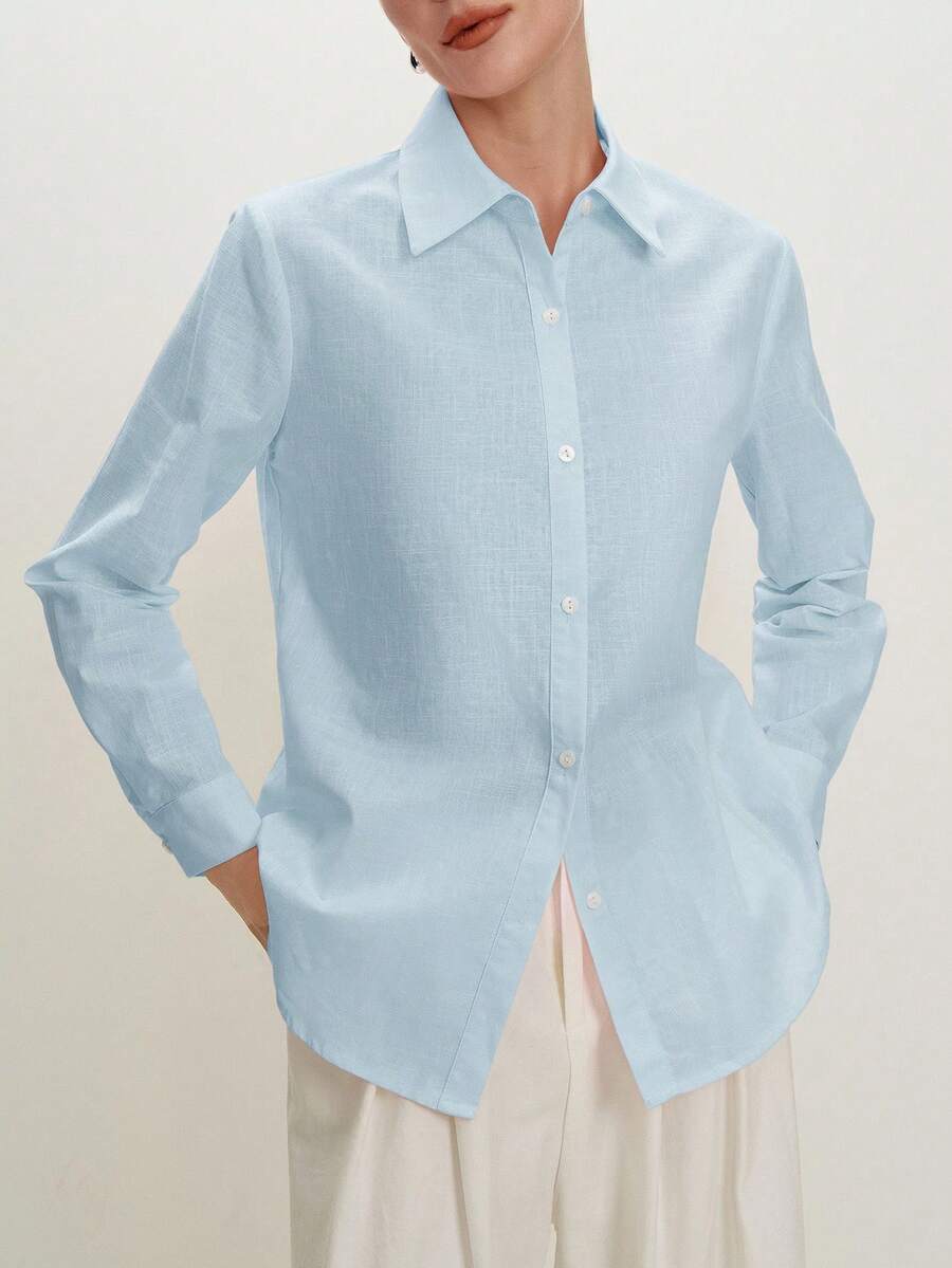 Arabella Classic Collared Button Down Long Sleeve Cotton Shirt - Baby Blue