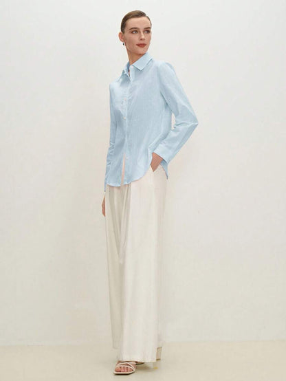 Arabella Classic Collared Button Down Long Sleeve Cotton Shirt - Baby Blue