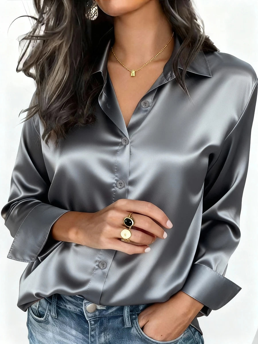 Valeria Satin Long Sleeve Button Down Collared Shirt - Grey