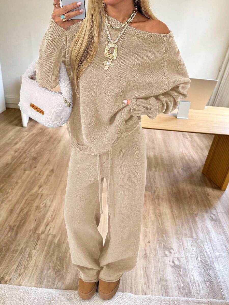 Valentina Off-Shoulder Knit Sweater and Wide Leg Pants Set - Oatmeal