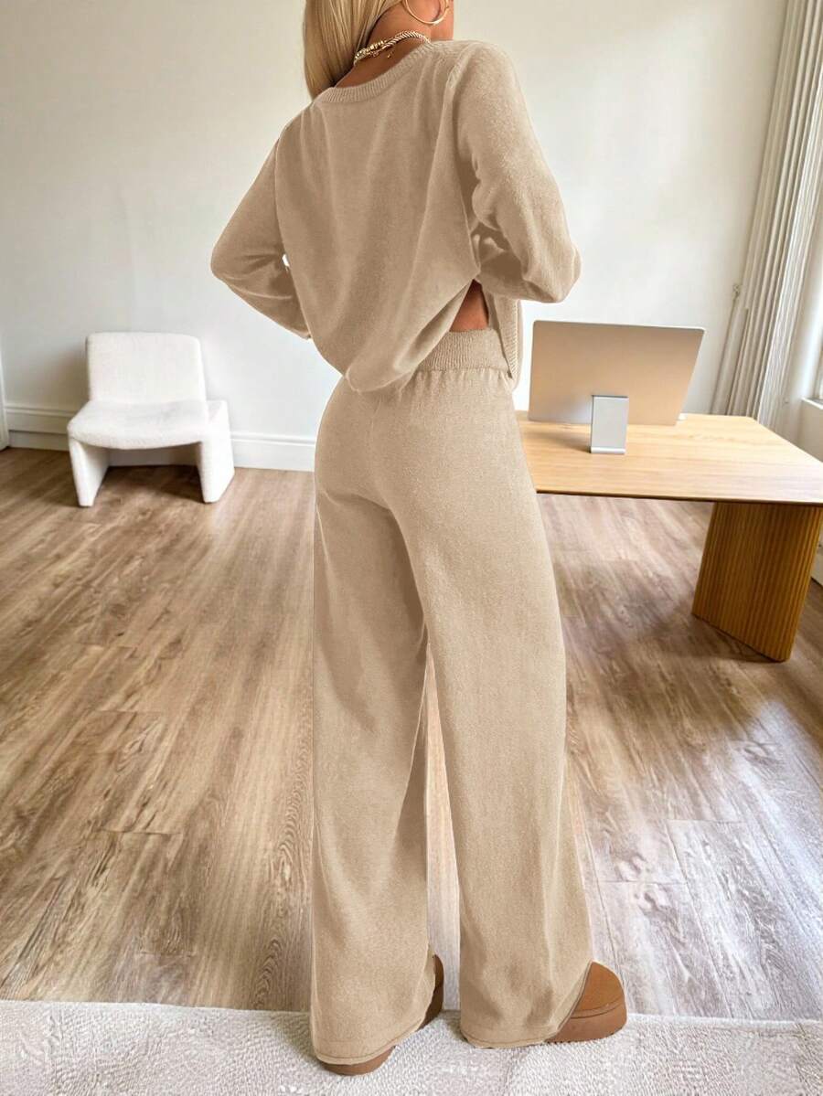 Valentina Off-Shoulder Knit Sweater and Wide Leg Pants Set - Oatmeal