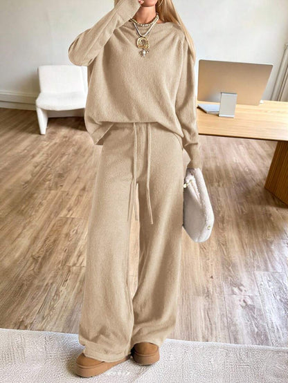 Valentina Off-Shoulder Knit Sweater and Wide Leg Pants Set - Oatmeal