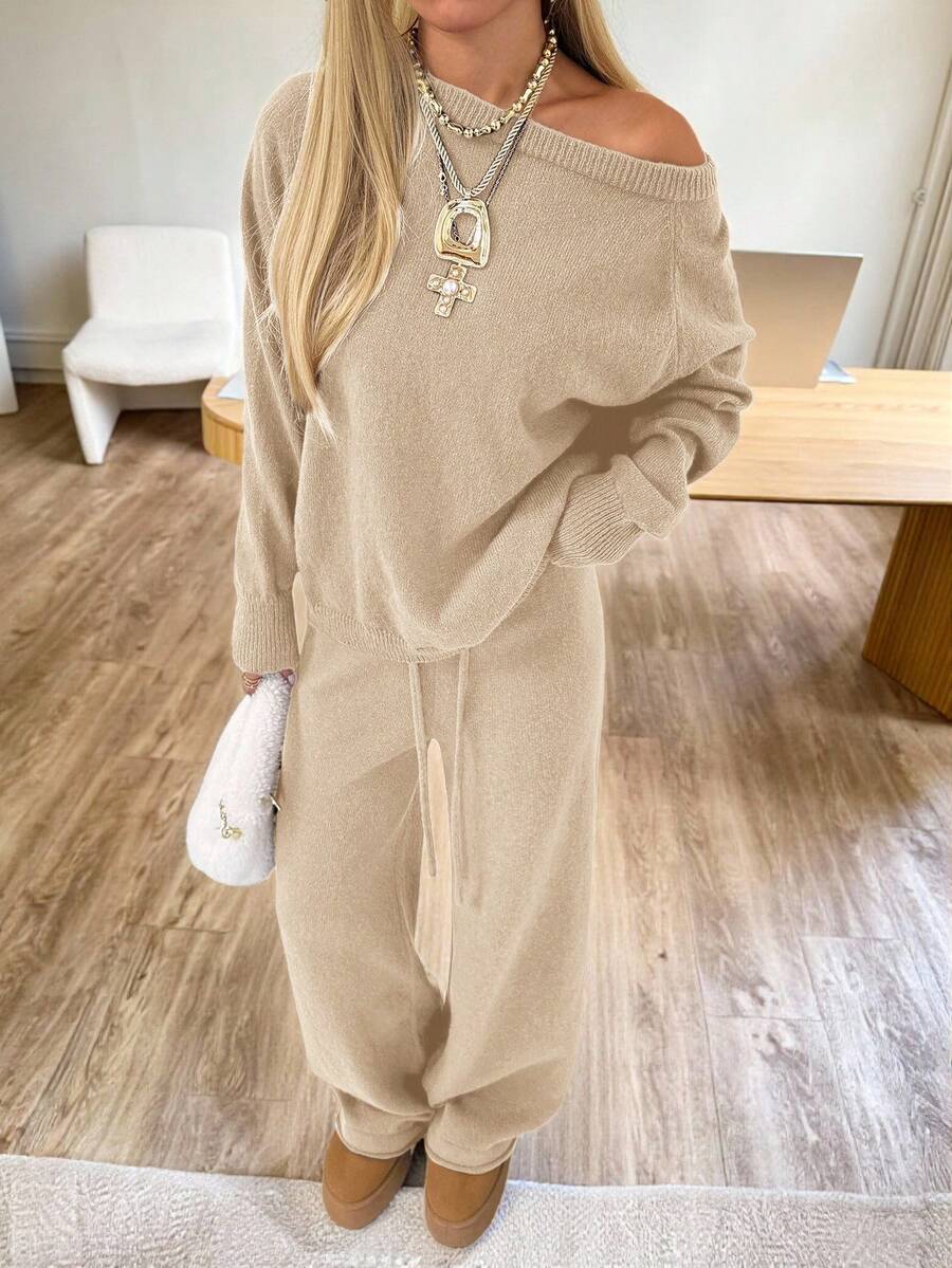 Valentina Off-Shoulder Knit Sweater and Wide Leg Pants Set - Oatmeal