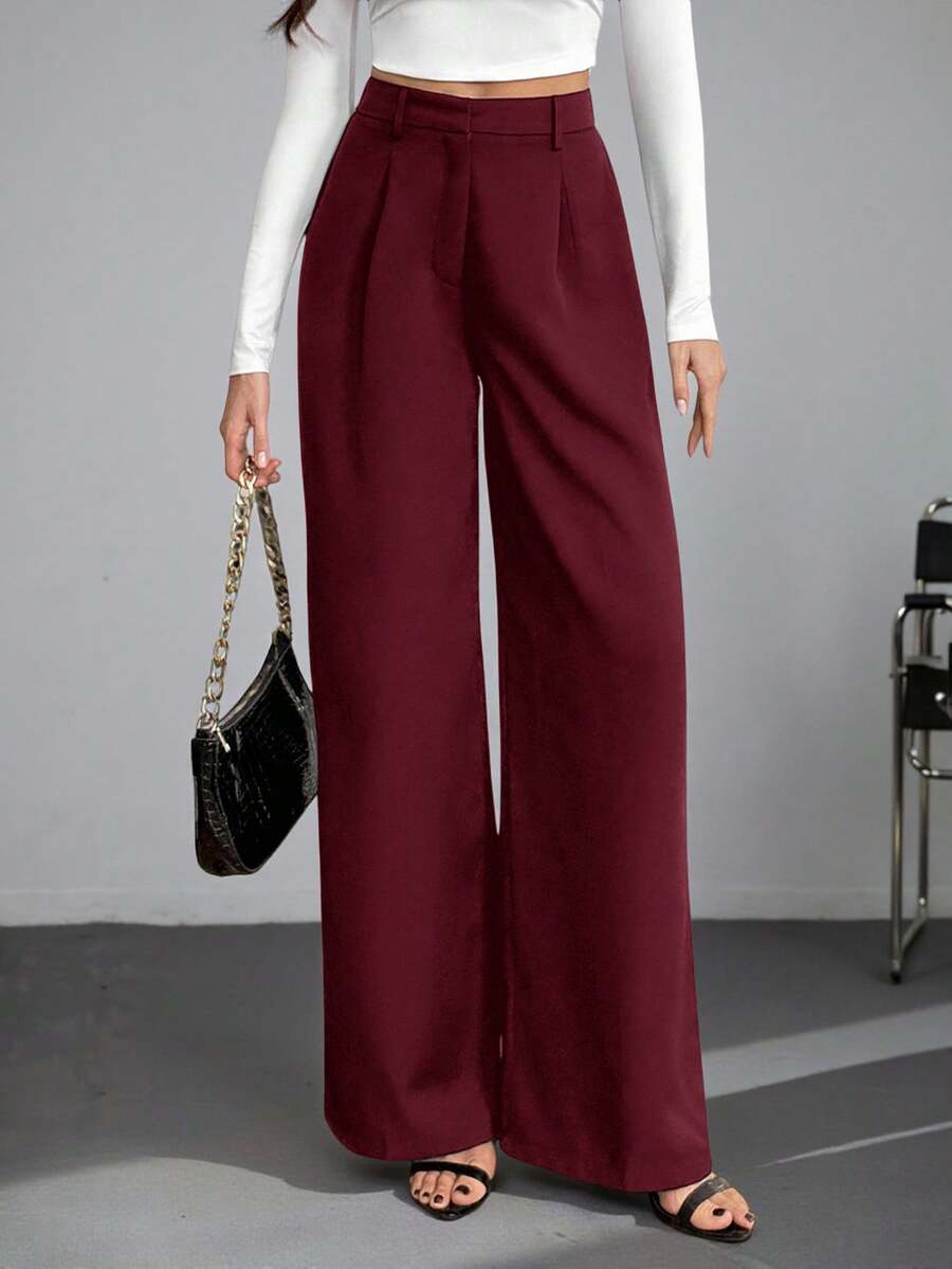 Isla High Waisted Wide Leg Pants with Pleated Front - Burgundy