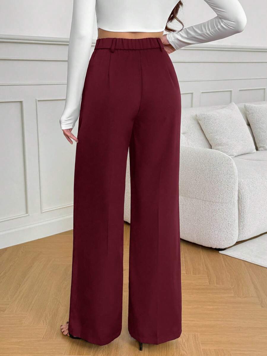 Isla High Waisted Wide Leg Pants with Pleated Front - Burgundy
