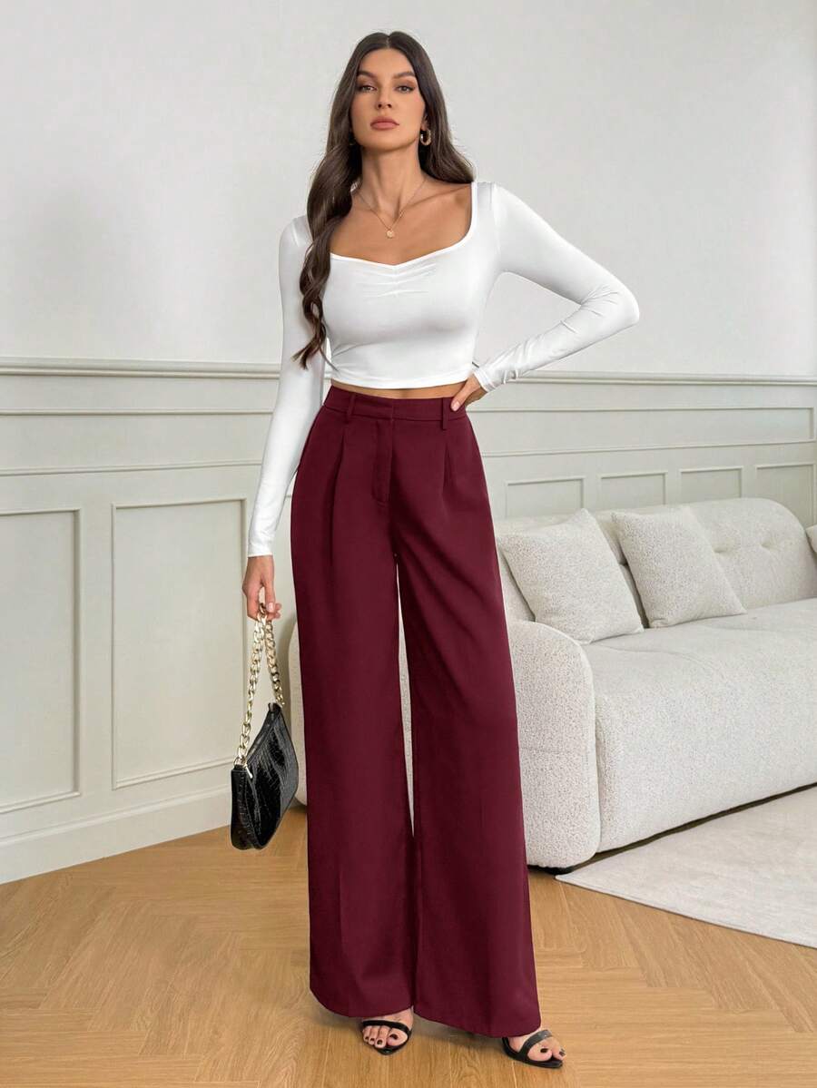 Isla High Waisted Wide Leg Pants with Pleated Front - Burgundy
