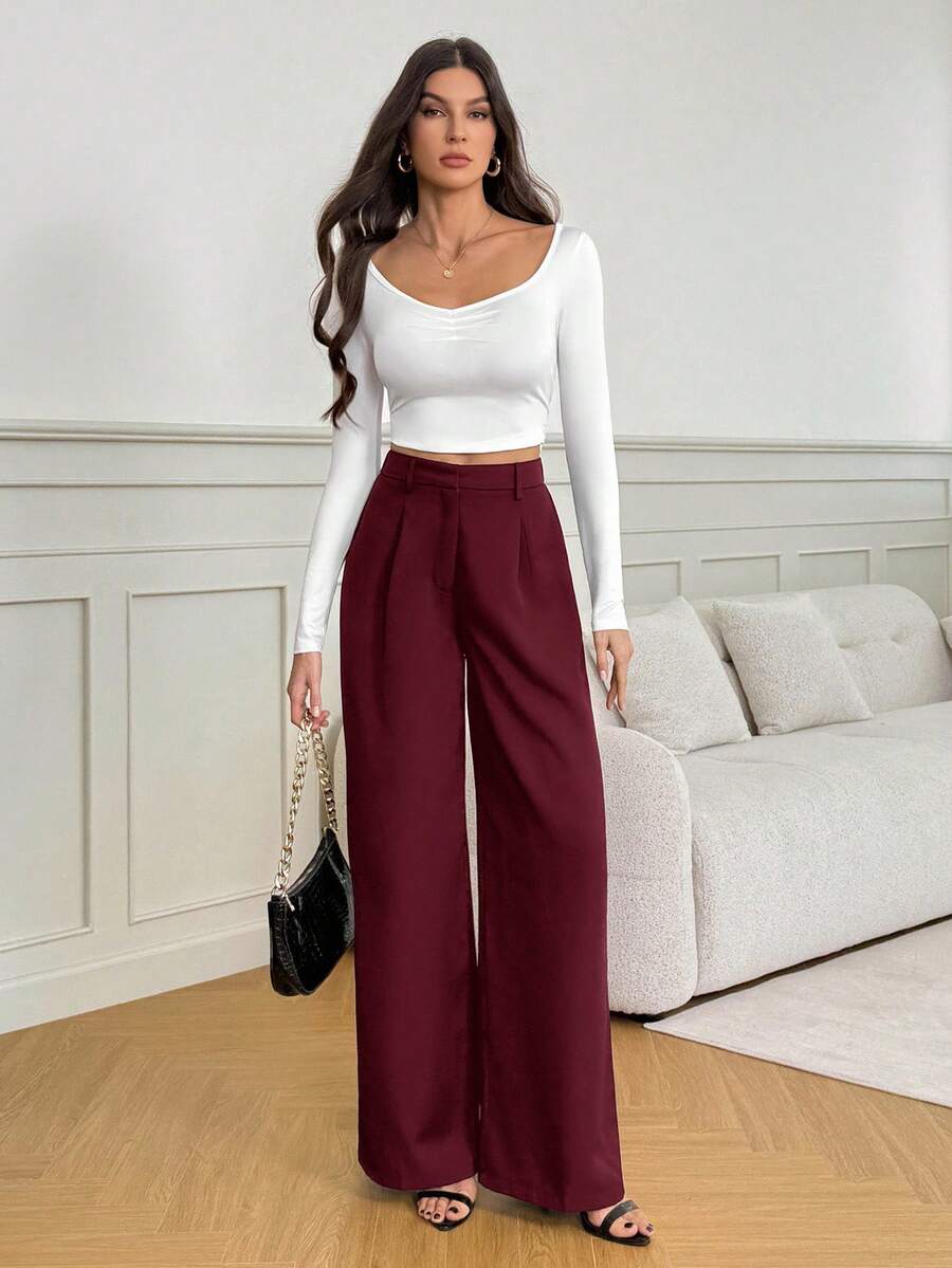 Isla High Waisted Wide Leg Pants with Pleated Front - Burgundy