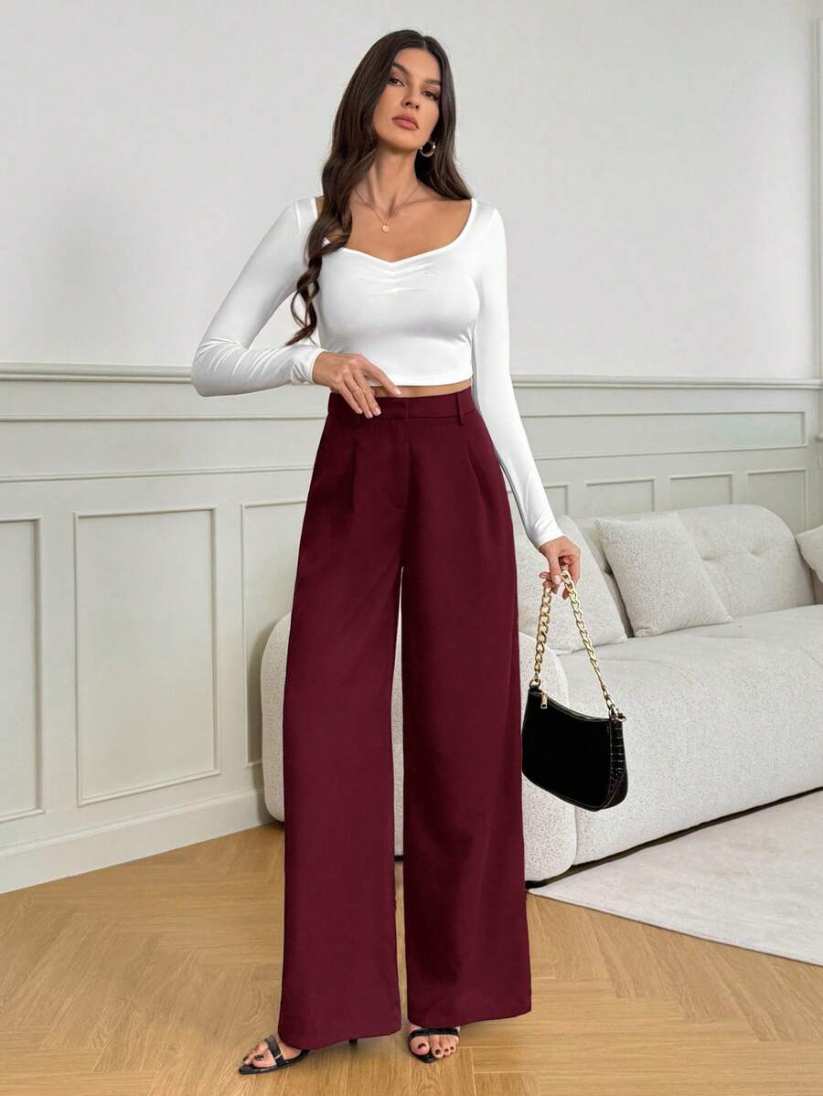 Isla High Waisted Wide Leg Pants with Pleated Front - Burgundy