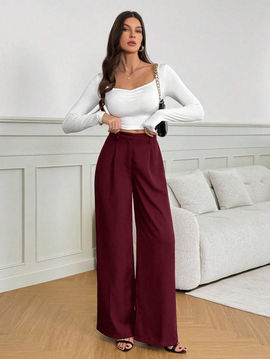 Isla High Waisted Wide Leg Pants with Pleated Front - Burgundy