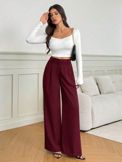 Isla High Waisted Wide Leg Pants with Pleated Front - Burgundy