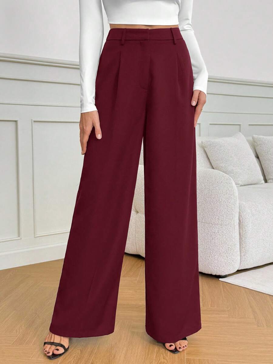 Isla High Waisted Wide Leg Pants with Pleated Front - Burgundy